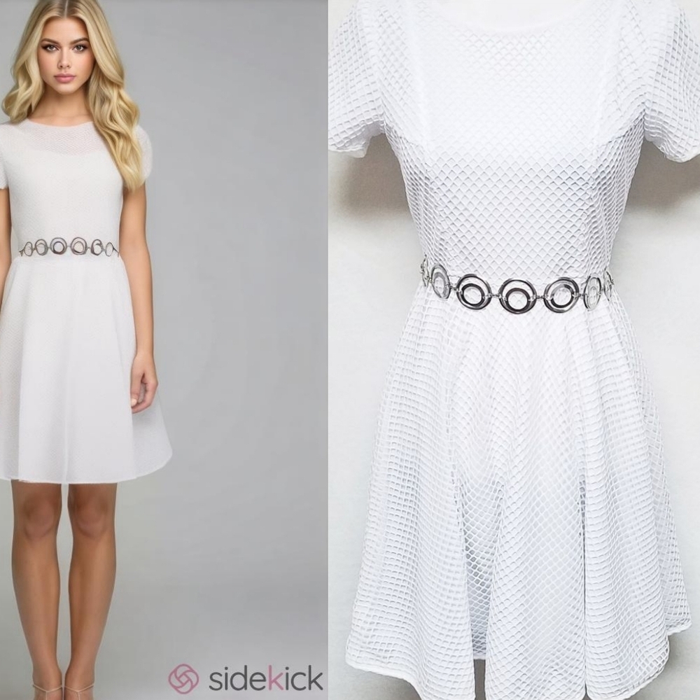 Silver Belted Nine West White Mesh Overlay Short Sleeve Fit & Flare Skater Dress